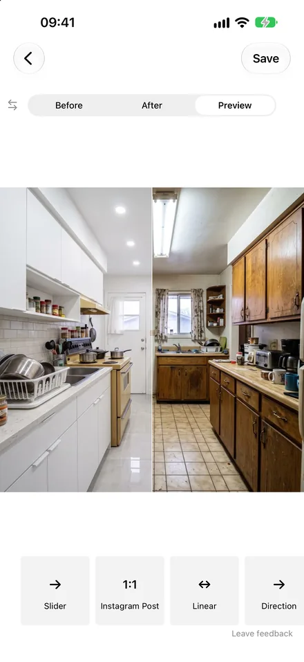 Two kitchen photos aligned automatically in a slider