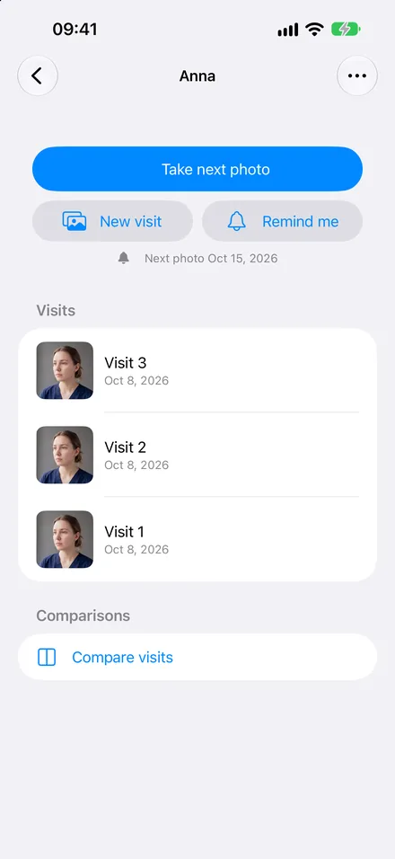 A client's page with visits and Compare visits