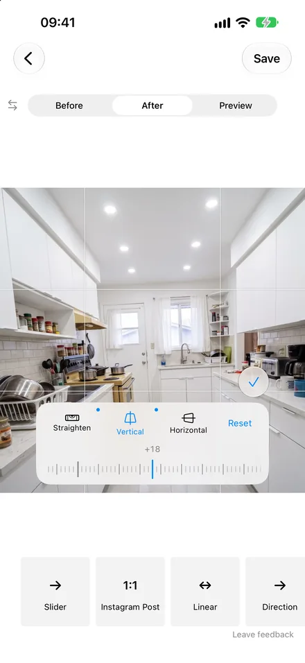Straighten and perspective dials over a kitchen photo
