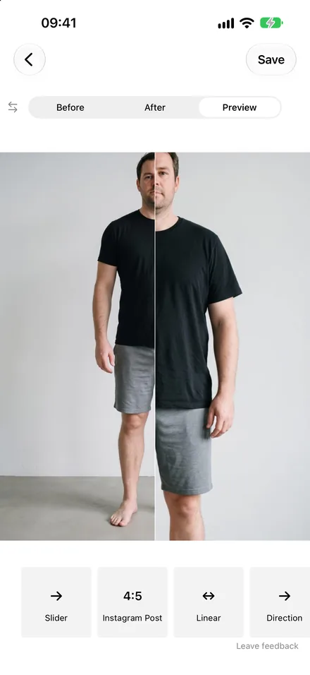 Full-body before and after aligned by pose